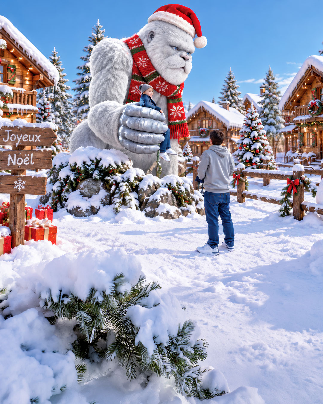 Le Yéti géant, Gardien des Neiges, au cœur du Village de Noël du Barcarès